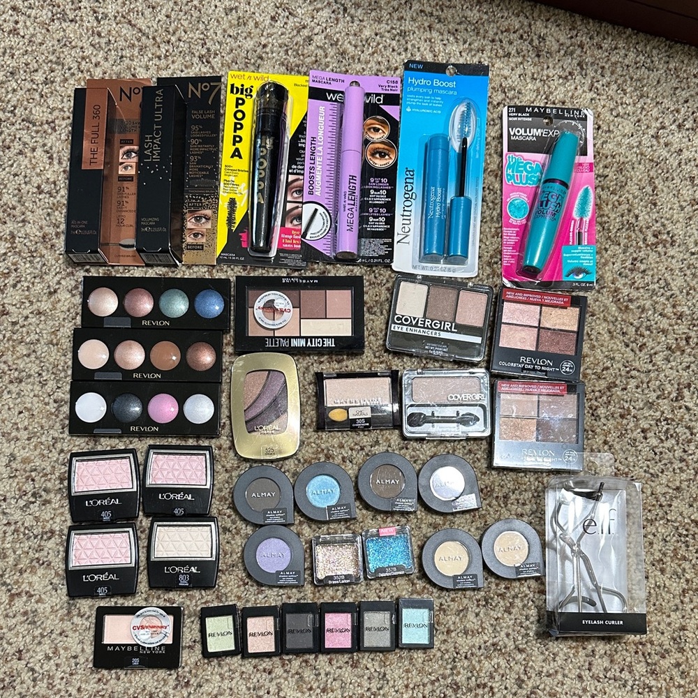 No7, Revlon, Maybelline, L’Oréal, Almay eyeshadows and mascaras
